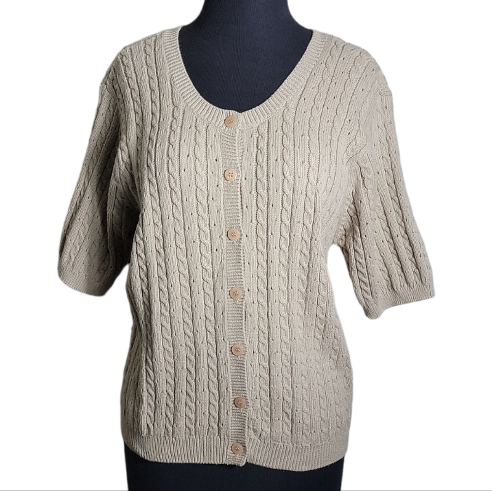 Talbots cotton cable knit short sleeve button front tan cardigan women's large